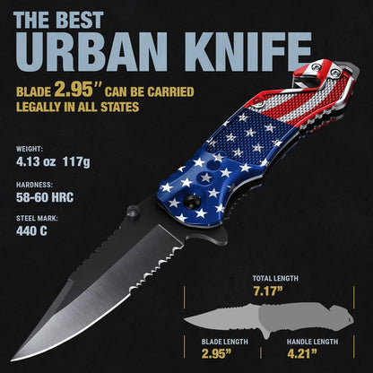 GOOD WORKER legal EDC folding pocket knife with serrated blade glass breaker and seat belt cutter with pocket clip