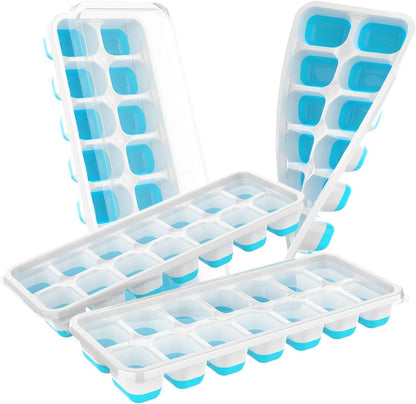 ChefAide Ice Cube Tray with Lid, 4 Packs 56 Cubes Durable Stackable Ice Cube Trays for Freezer with Removable Lids, Easy-Release Plastic & Silicone Ice Tray for Cocktail, Coffee