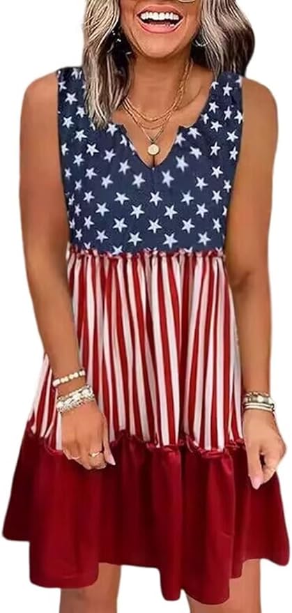 American Flag Star Vertical Striped Ruffled Mini Dress