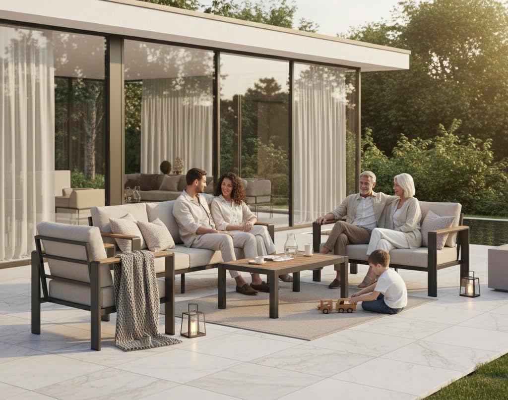 Oasbira 5-piece aluminum patio furniture set in graphite with thick cushioned sectional sofa and coffee table set up on backyard deck