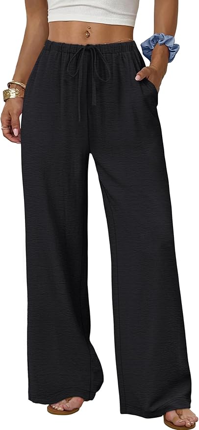 Sampeel women's wide leg palazzo pants with pockets flowy drawstring elastic waist summer trousers