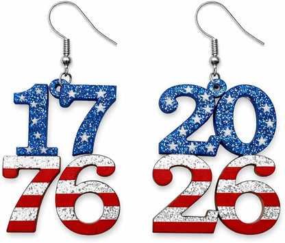 LOTSOF patriotic red white blue glitter American flag dangle earrings 4th of July 1776-2026 jewelry