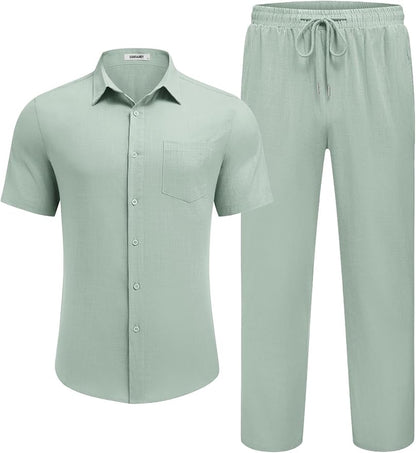 COOFANDY men's cotton short sleeve button-down shirt and loose pants 2-piece beach summer vacation outfit
