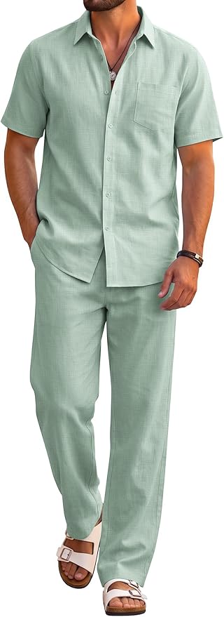 COOFANDY men's cotton short sleeve button-down shirt and loose pants 2-piece beach summer vacation outfit