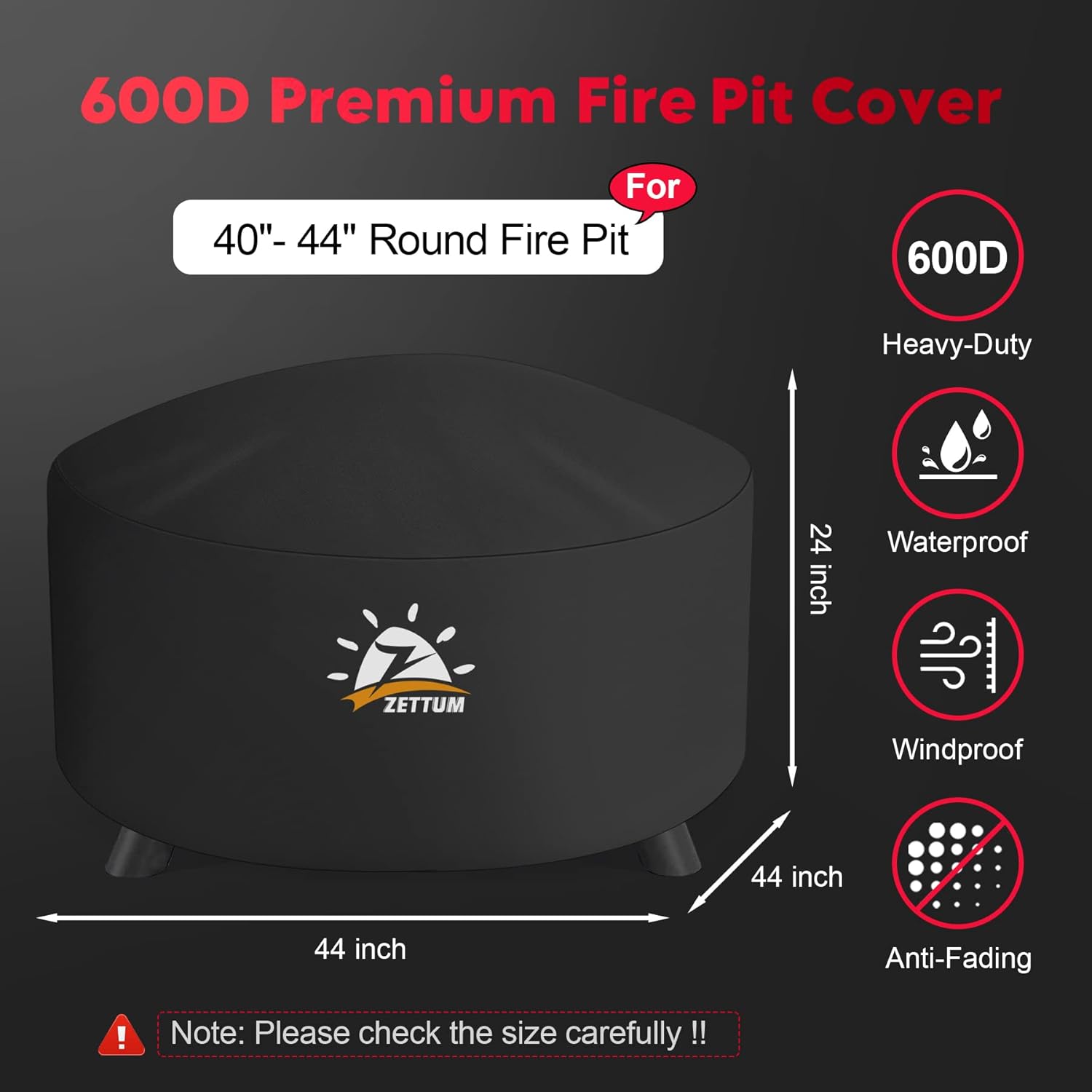 Black round 44-inch heavy duty waterproof fire pit cover with buckle straps on an outdoor fire pit on a patio