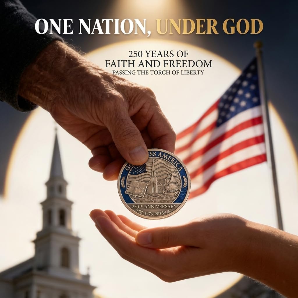 USA 250th Anniversary Christian Faith Commemorative Coin (1776–2026) — God Bless America Patriotic Challenge Coin | Mayflower Compact & Declaration of Independence