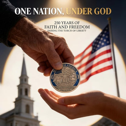 USA 250th Anniversary Christian Faith Commemorative Coin (1776–2026) — God Bless America Patriotic Challenge Coin | Mayflower Compact & Declaration of Independence
