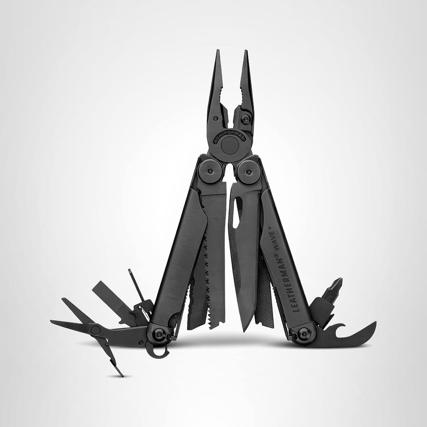 Leatherman Wave Plus 18-in-1 stainless steel multi-tool in black, compact everyday carry tool for veterans, first responders, and outdoor enthusiasts.

