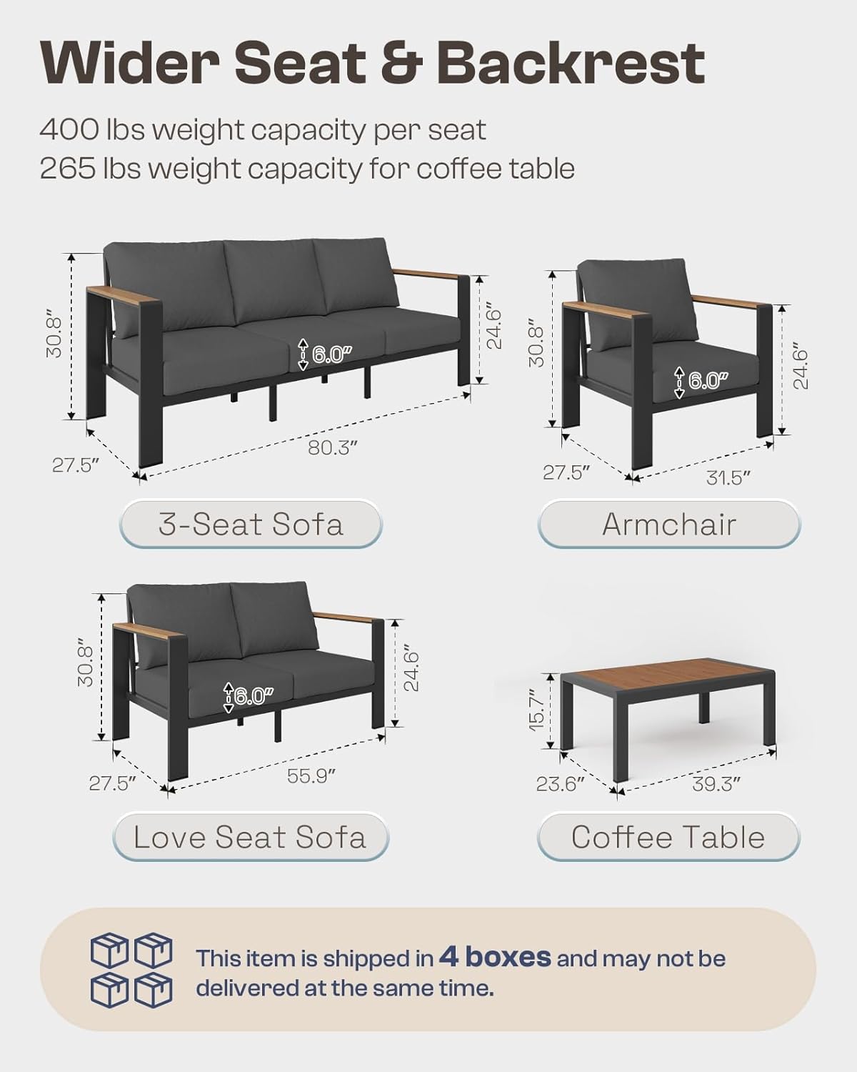 Oasbira 5-piece aluminum patio furniture set in graphite with thick cushioned sectional sofa and coffee table set up on backyard deck