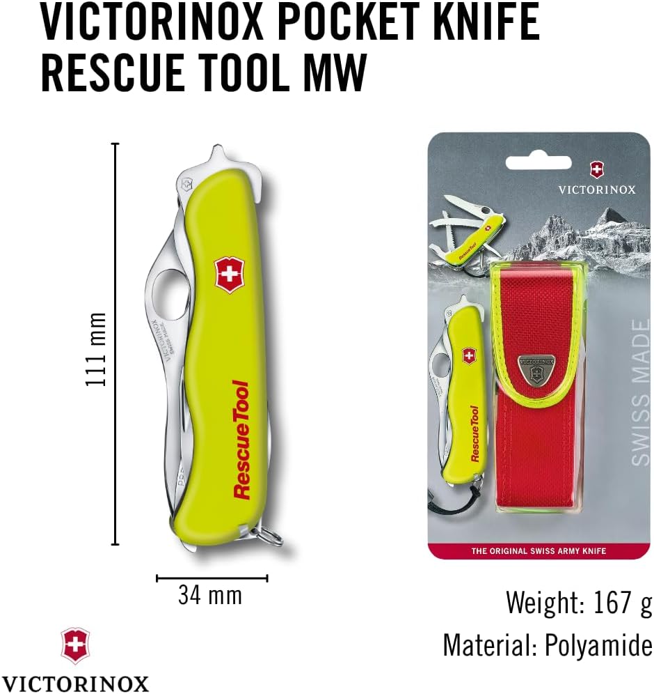 Victorinox Rescue Tool Swiss Army Knife in fluorescent yellow with 13 functions including seatbelt cutter and glass breaker, ideal for veterans and first responders.