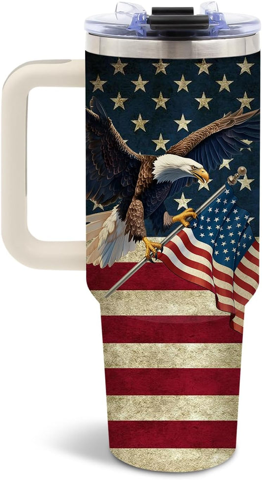 DUUV 40oz eagle American flag insulated tumbler in vintage patriotic design on a rustic outdoor background
