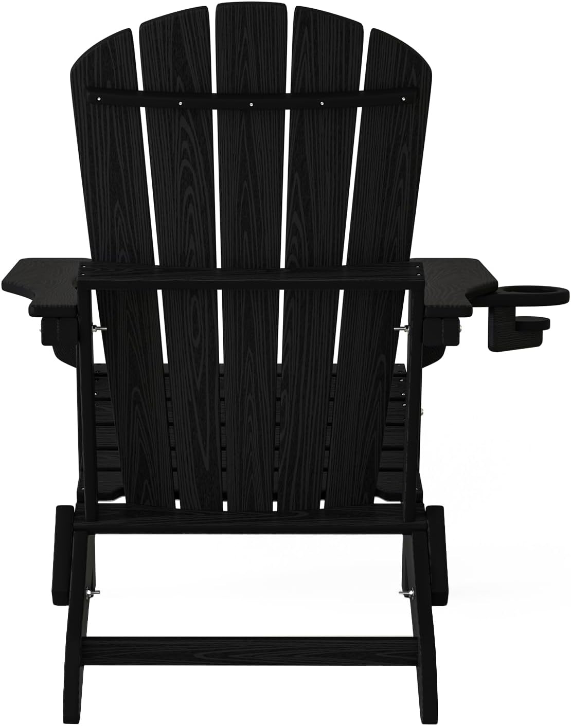 Plawdlik folding Adirondack chair set of 4 in black HDPE with wood texture finish and cup holders arranged on backyard patio