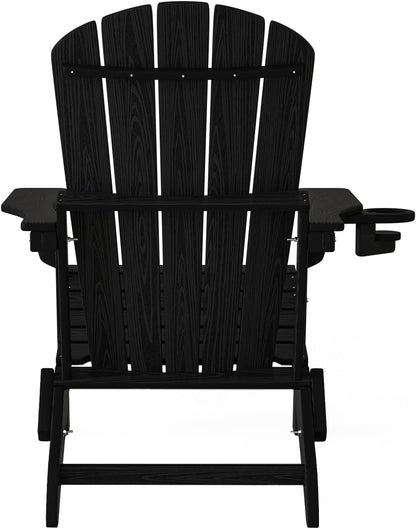 Plawdlik folding Adirondack chair set of 4 in black HDPE with wood texture finish and cup holders arranged on backyard patio