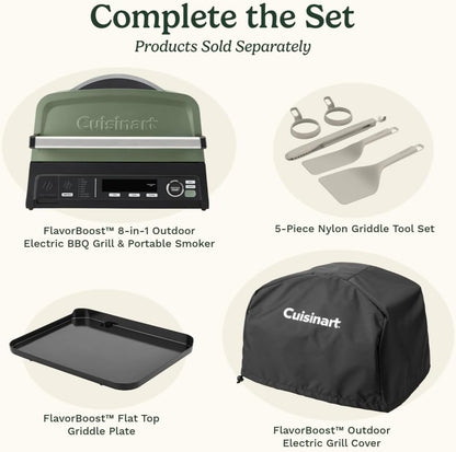 Cuisinart FlavorBoost 8-in-1 electric BBQ grill and portable smoker with air fryer combo, smart probe, and smoke drawer — compact patio and apartment grill CEG-1302