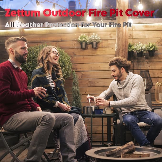 Black round 44-inch heavy duty waterproof fire pit cover with buckle straps on an outdoor fire pit on a patio