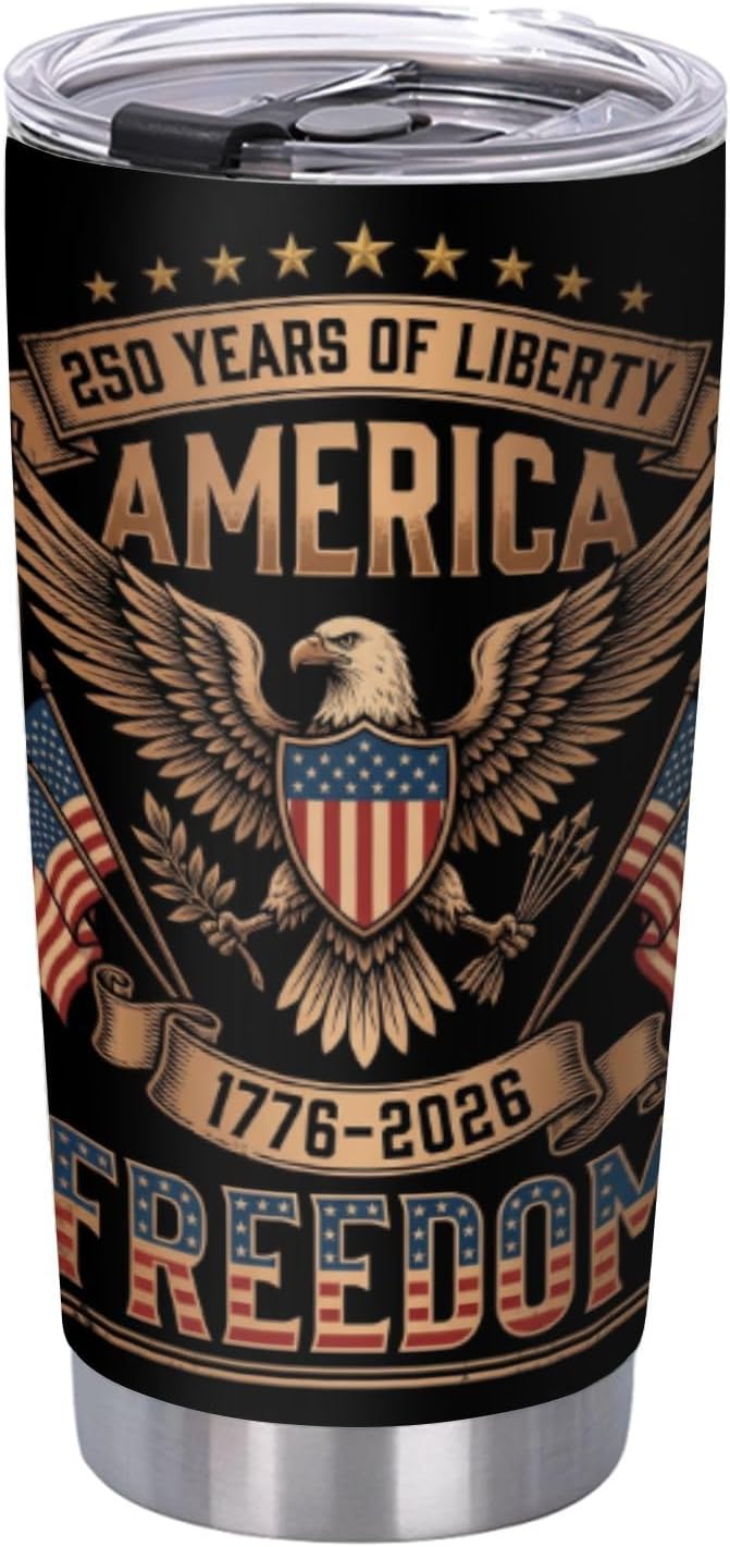 250th Anniversary patriotic 20oz insulated tumbler with lid featuring vintage eagle 1776-2026 freedom celebration design
