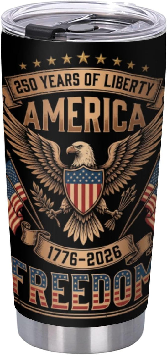 250th Anniversary patriotic 20oz insulated tumbler with lid featuring vintage eagle 1776-2026 freedom celebration design