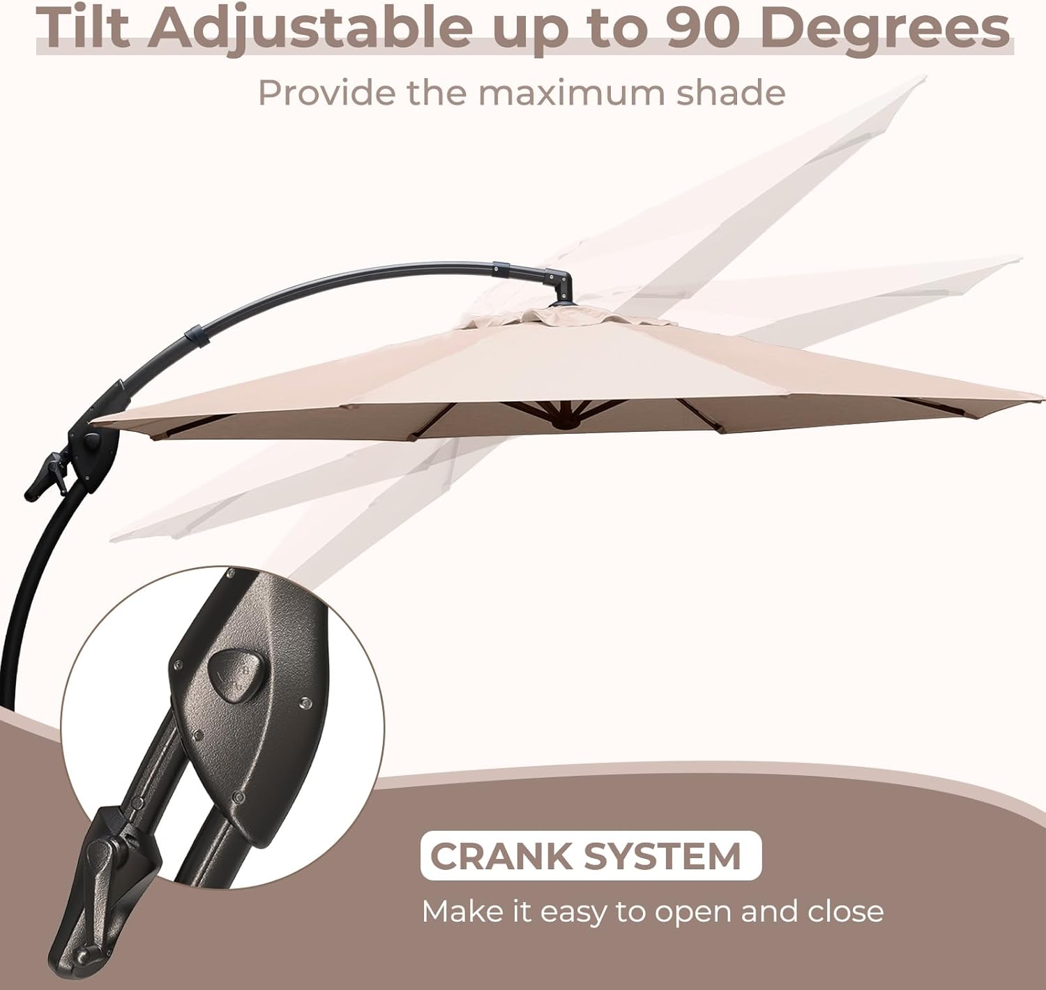 Grand Patio 11 foot cantilever offset umbrella in champagne with wheeled base providing shade over backyard patio seating area
