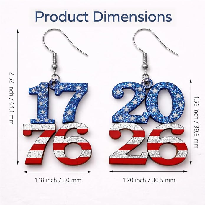 LOTSOF patriotic red white blue glitter American flag dangle earrings 4th of July 1776-2026 jewelry