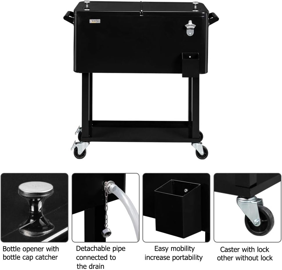 VINGLI 80-quart rolling ice chest cooler cart in red with bottle opener and shelf set up outdoors at a backyard party