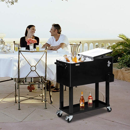 VINGLI 80-quart rolling ice chest cooler cart in red with bottle opener and shelf set up outdoors at a backyard party