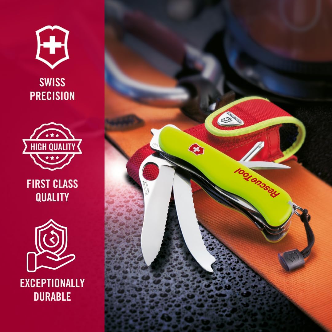 Victorinox Rescue Tool Swiss Army Knife in fluorescent yellow with 13 functions including seatbelt cutter and glass breaker, ideal for veterans and first responders.
