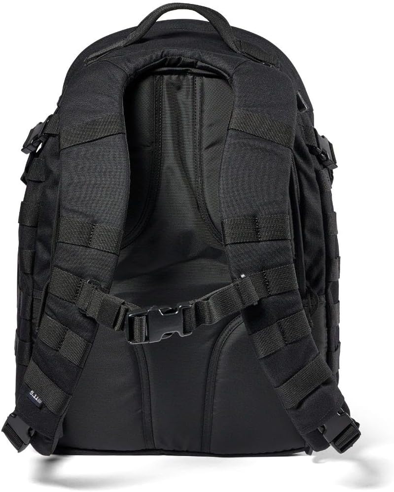 5.11 Tactical RUSH 24 2.0 37L military backpack in black with MOLLE webbing, padded shoulder straps and multiple compartments, ideal for veterans and law enforcement.