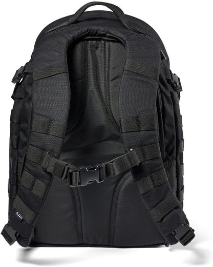 5.11 Tactical RUSH 24 2.0 37L military backpack in black with MOLLE webbing, padded shoulder straps and multiple compartments, ideal for veterans and law enforcement.