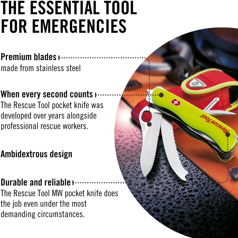 Victorinox Rescue Tool Swiss Army Knife in fluorescent yellow with 13 functions including seatbelt cutter and glass breaker, ideal for veterans and first responders.