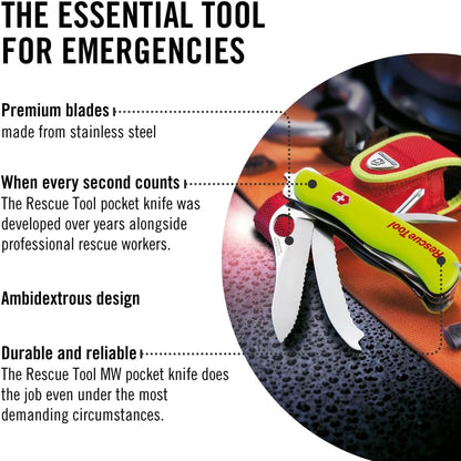 Victorinox Rescue Tool Swiss Army Knife in fluorescent yellow with 13 functions including seatbelt cutter and glass breaker, ideal for veterans and first responders.