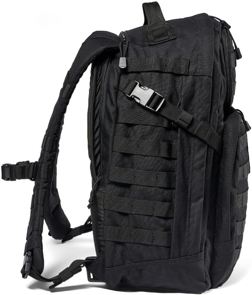 5.11 Tactical RUSH 24 2.0 37L military backpack in black with MOLLE webbing, padded shoulder straps and multiple compartments, ideal for veterans and law enforcement.