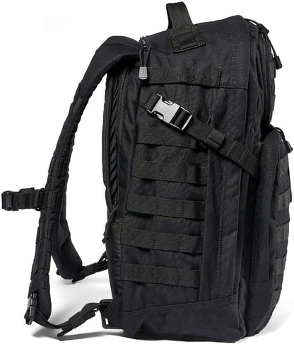 5.11 Tactical RUSH 24 2.0 37L military backpack in black with MOLLE webbing, padded shoulder straps and multiple compartments, ideal for veterans and law enforcement.