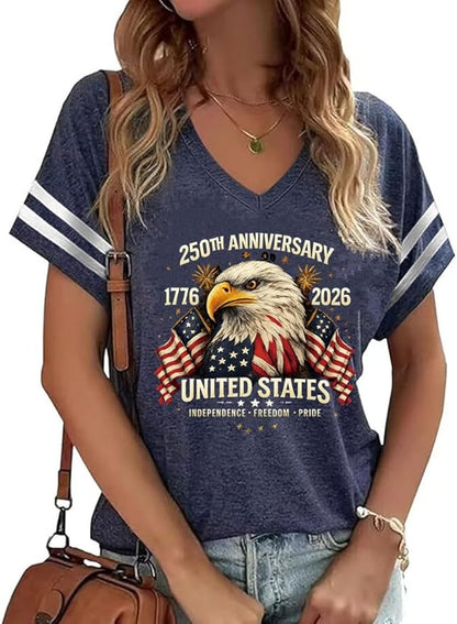 American Flag Shirt for Women — Patriotic V-Neck Tee | 4th of July Short Sleeve Top