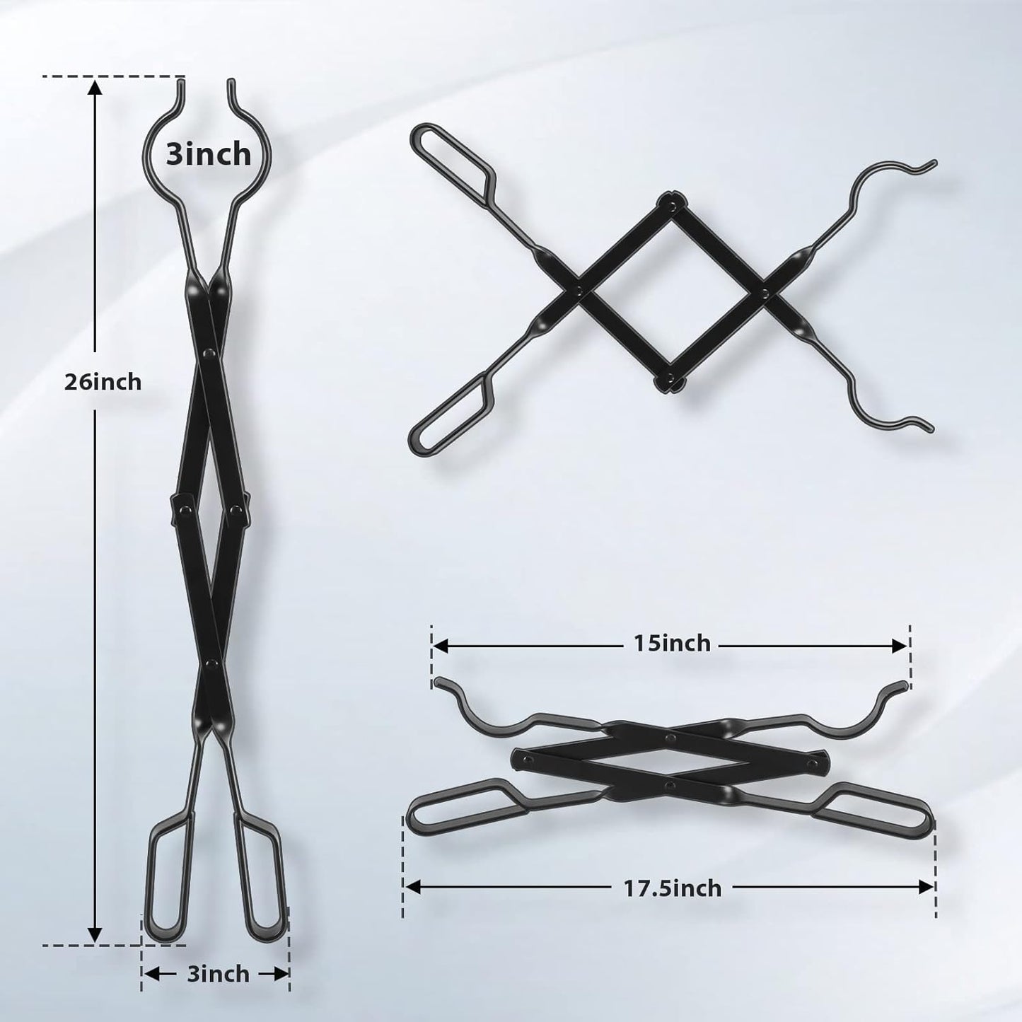 Black metal fireplace poker and tongs set laid out next to an outdoor fire pit on a patio