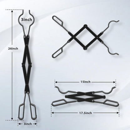 Black metal fireplace poker and tongs set laid out next to an outdoor fire pit on a patio