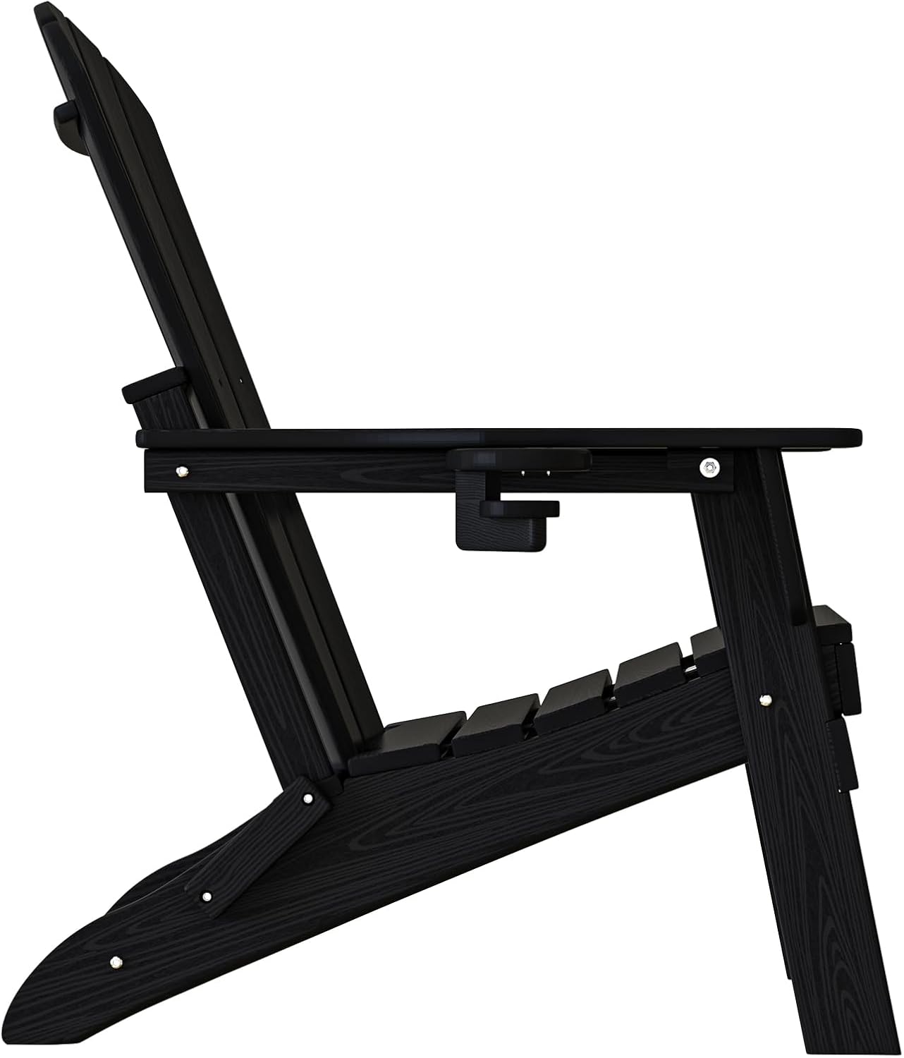 Plawdlik folding Adirondack chair set of 4 in black HDPE with wood texture finish and cup holders arranged on backyard patio