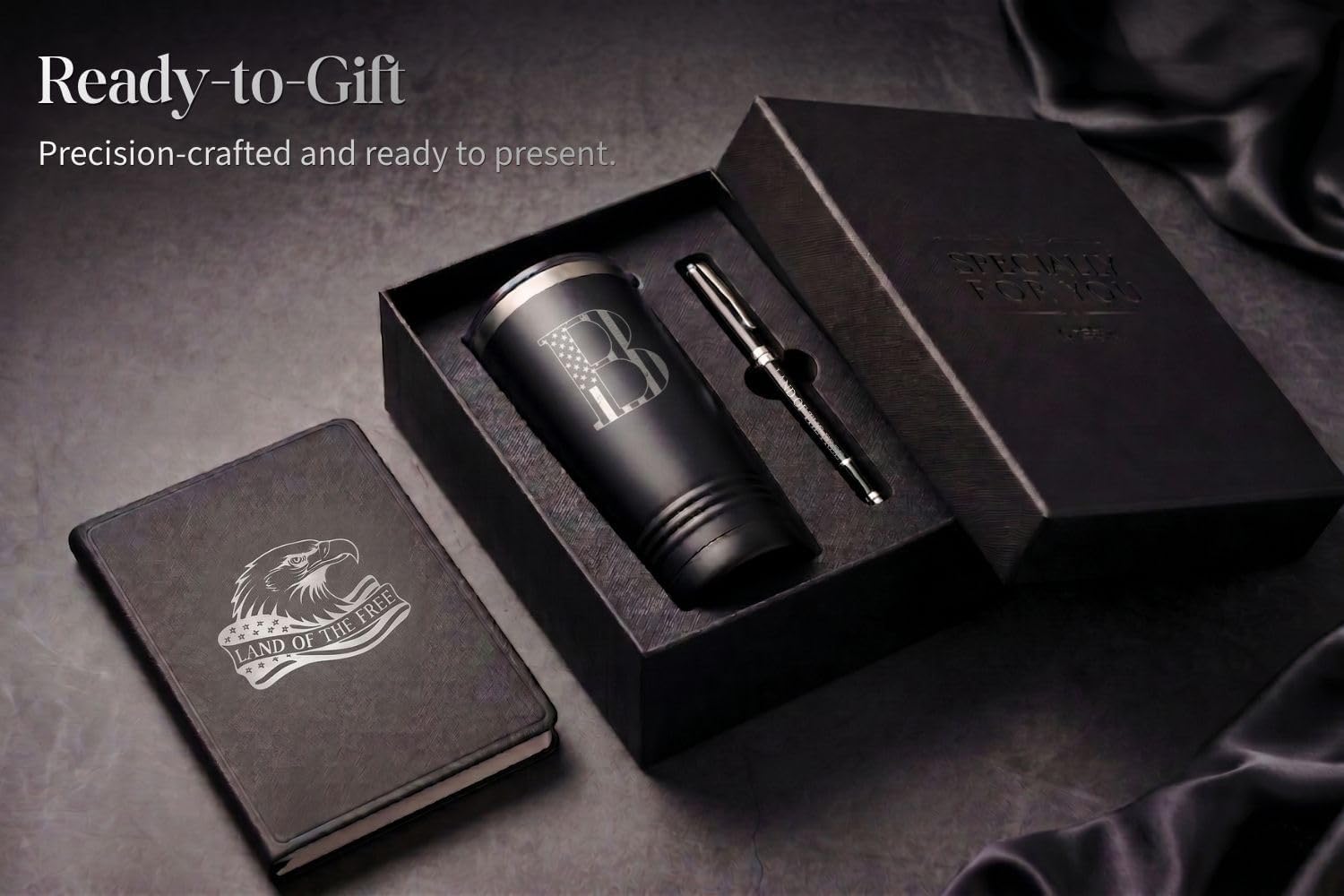 Onebttl personalized men's gift set with 20oz stainless steel tumbler, artisan journal with gold foil cover, and signature pen in a premium gift box