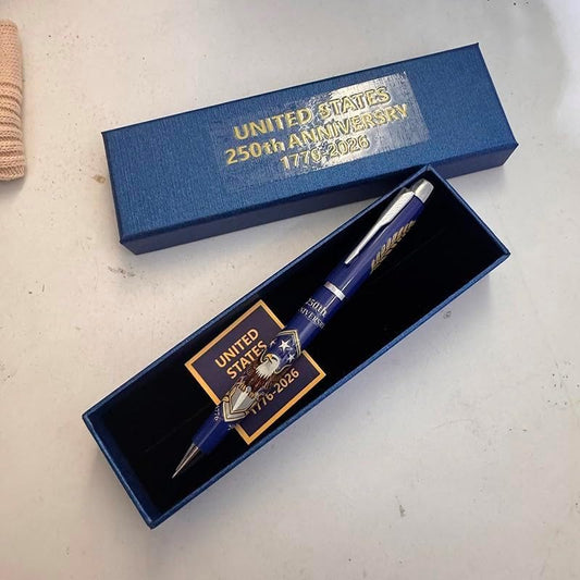 250th Anniversary commemorative ballpoint pen displayed in an elegant gift box as a patriotic collector's item for America's 250th Independence Day celebration