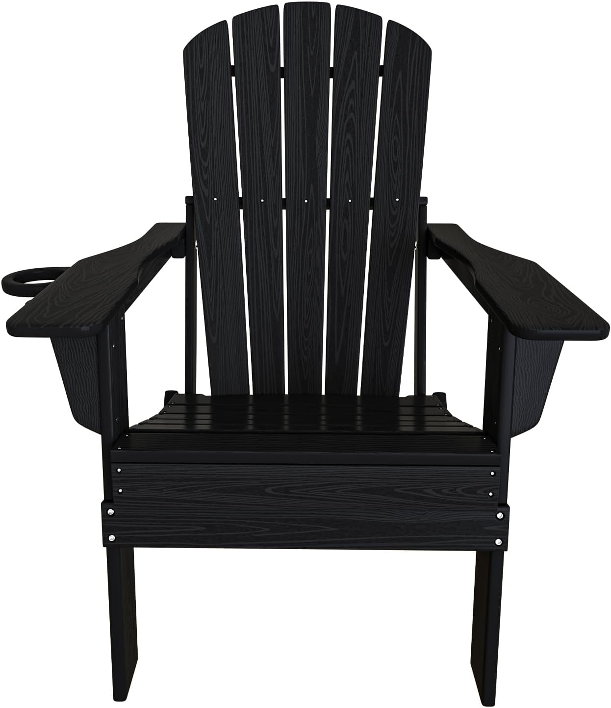 Plawdlik folding Adirondack chair set of 4 in black HDPE with wood texture finish and cup holders arranged on backyard patio
