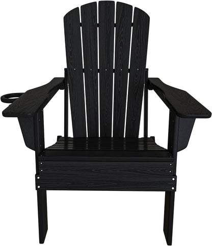 Plawdlik folding Adirondack chair set of 4 in black HDPE with wood texture finish and cup holders arranged on backyard patio