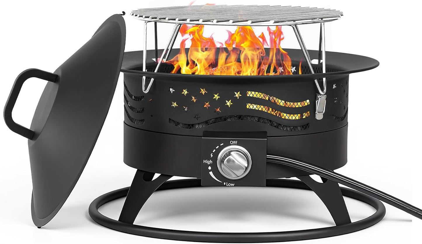  Black 20-inch round portable propane fire pit with grill grate and lava rocks glowing on a backyard patio at night