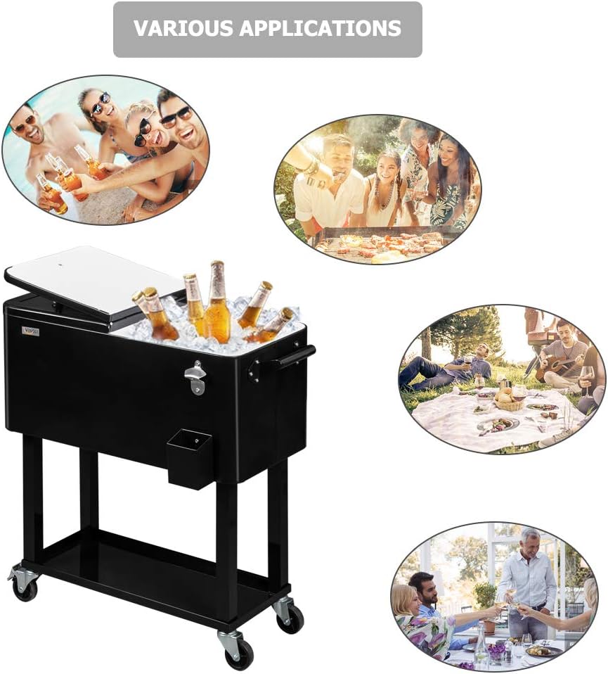 VINGLI 80-quart rolling ice chest cooler cart in red with bottle opener and shelf set up outdoors at a backyard party
