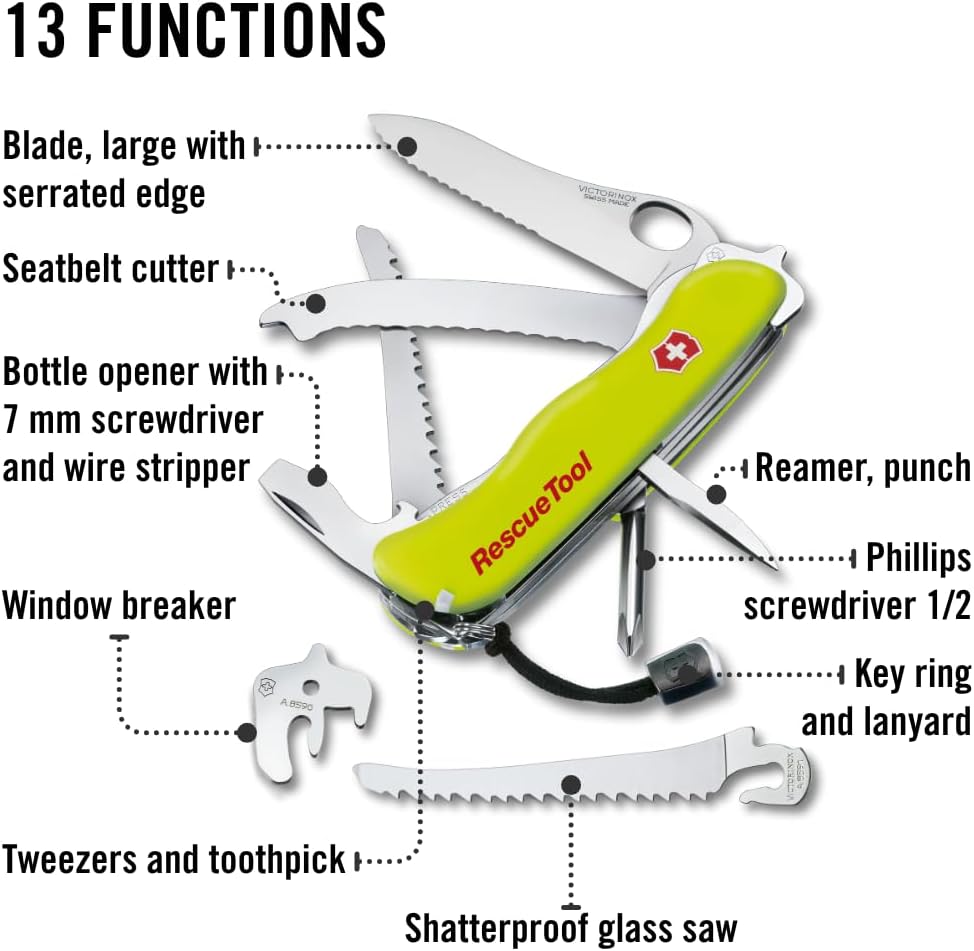 Victorinox Rescue Tool Swiss Army Knife in fluorescent yellow with 13 functions including seatbelt cutter and glass breaker, ideal for veterans and first responders.