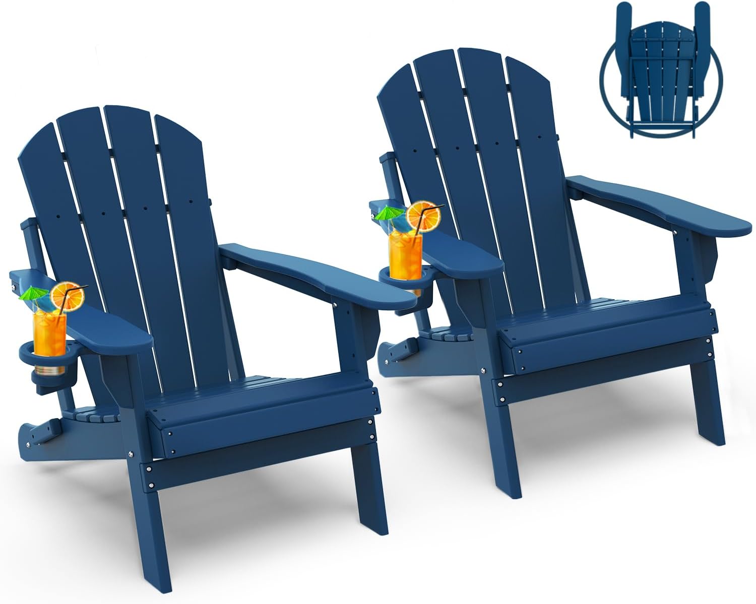 Set of 2 blue folding HDPE Adirondack chairs with cup holders for fire pit deck patio and outdoor use