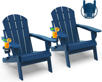 Set of 2 blue folding HDPE Adirondack chairs with cup holders for fire pit deck patio and outdoor use
