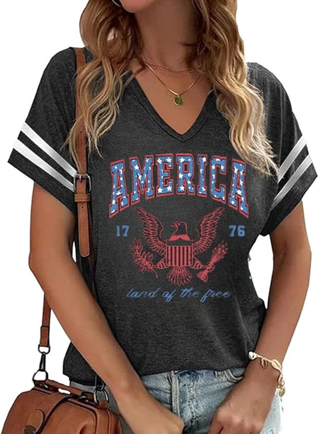 American Flag Shirt for Women — Patriotic V-Neck Tee | 4th of July Short Sleeve Top