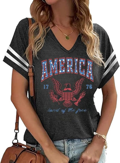 American Flag Shirt for Women — Patriotic V-Neck Tee | 4th of July Short Sleeve Top
