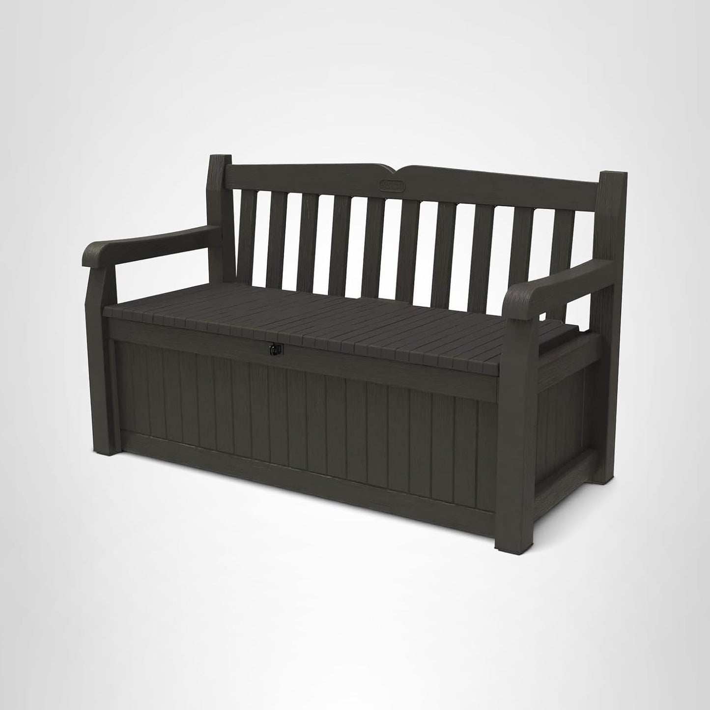 Keter Solana 70 gallon outdoor storage bench deck box in brown resin with wood texture finish on backyard patio storing cushions and pool accessories