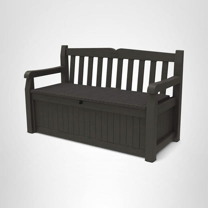 Keter Solana 70 gallon outdoor storage bench deck box in brown resin with wood texture finish on backyard patio storing cushions and pool accessories