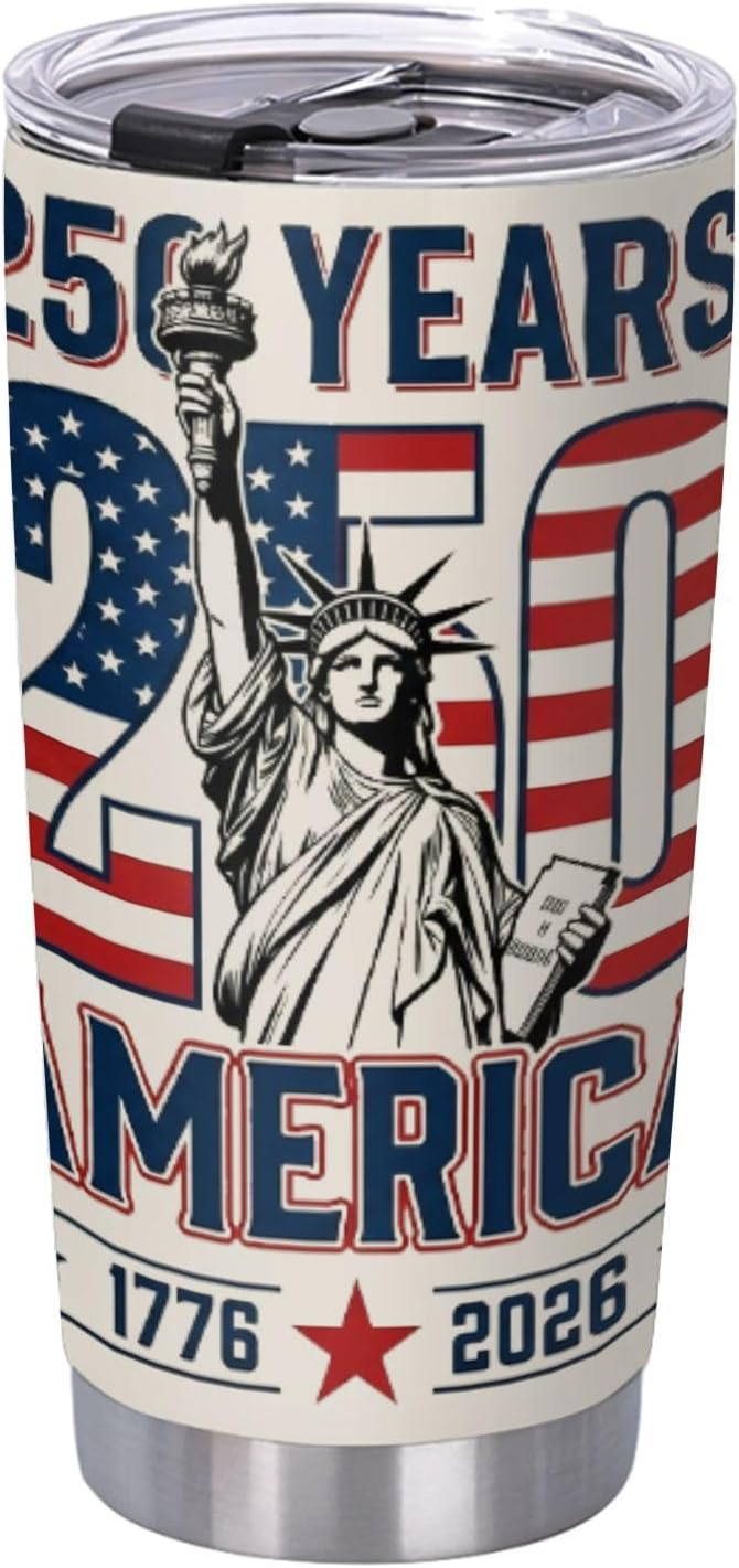 250th Anniversary patriotic 20oz insulated tumbler with lid featuring vintage eagle 1776-2026 freedom celebration design